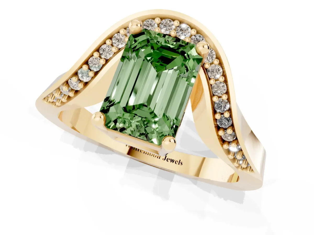 Fancy Green Emerald Cut Solitaire Diamond Engagement Ring with Pave Band and Four-Prong Setting Yellow gold