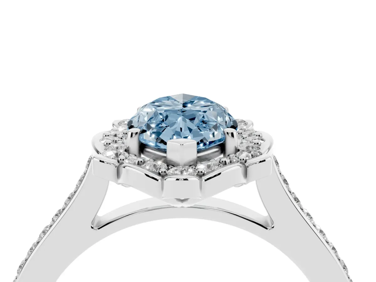 Fancy Blue Marquise Cut Halo Round Diamond Pave Band with Four-Prong Setting White gold
