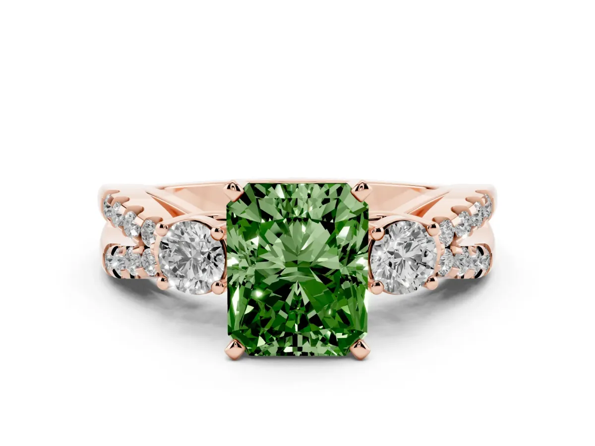 Fancy Green Radiant Cut Diamond Three-Stone Ring with Pavé Split Shank and Four-Prong Setting Rose gold