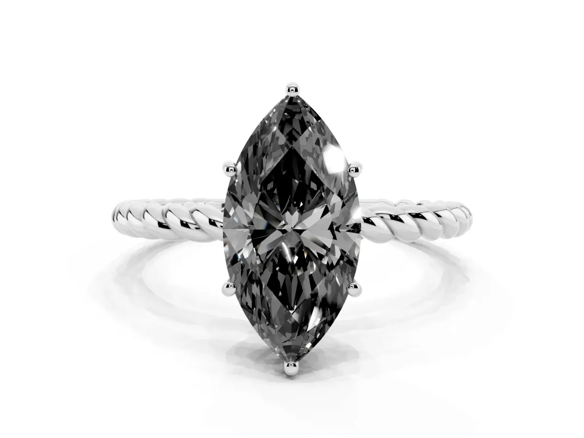 Fancy Black Marquise Cut Solitaire Twisted Band 4-Prong Ring Silver