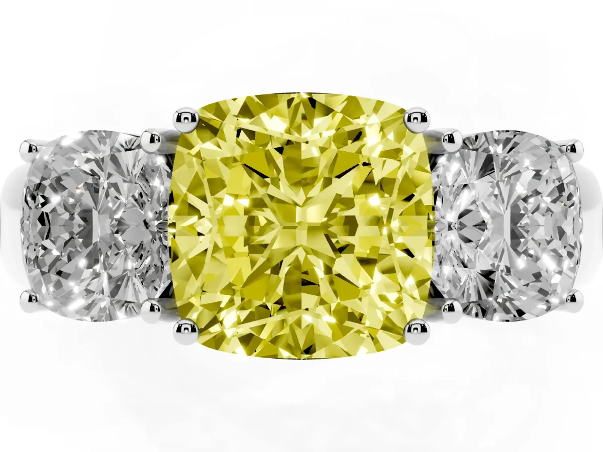 Fancy Yellow Three-Stone Cushion Cut Cut Diamond Ring with Prong Setting and Classic Band Silver