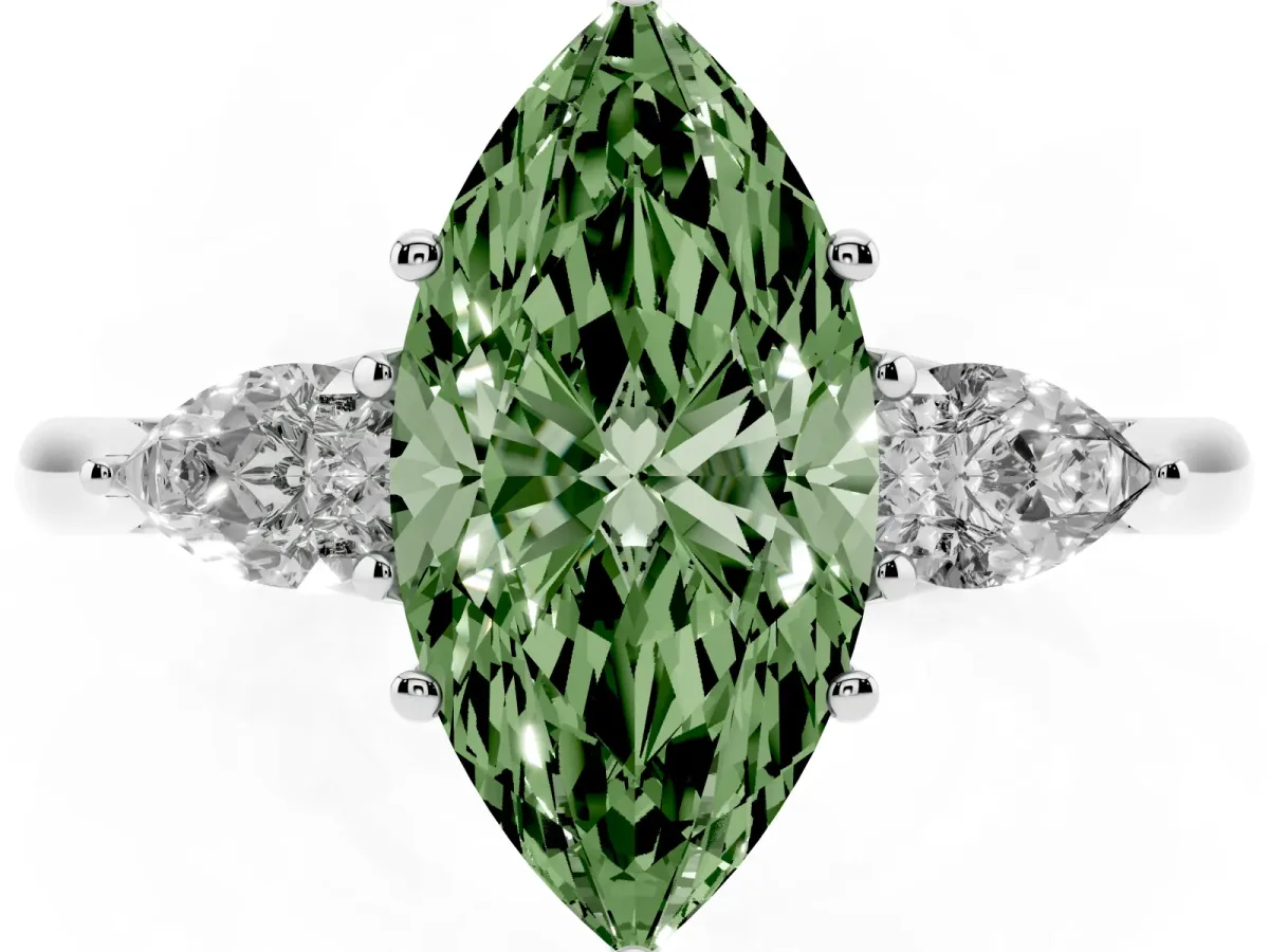Fancy Green Three-Stone Marquise Cut Brilliant Diamond Solitaire Ring with Tapered Band and Four-Prong Setting Silver