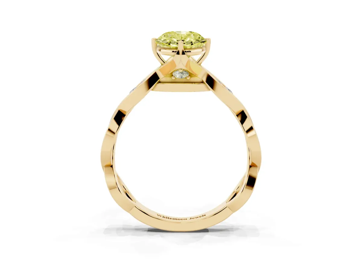 Fancy Yellow Oval Cut Solitaire Twist Band with Leaf Prong Setting Yellow gold