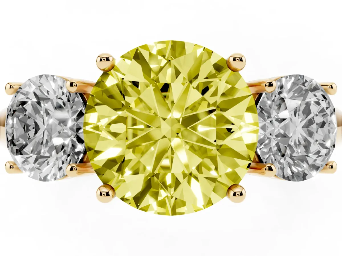 Fancy Yellow Three-Stone Round Cut Cut Diamond Engagement Ring with Prong Setting on a White Gold Band Yellow gold
