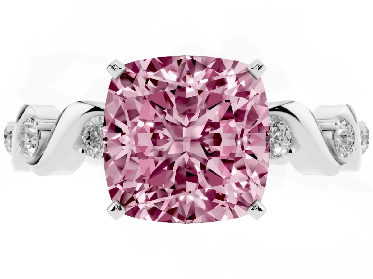 Fancy Pink Cushion Cut Diamond Solitaire Twisted Band with Round Accents and Prong Setting Silver