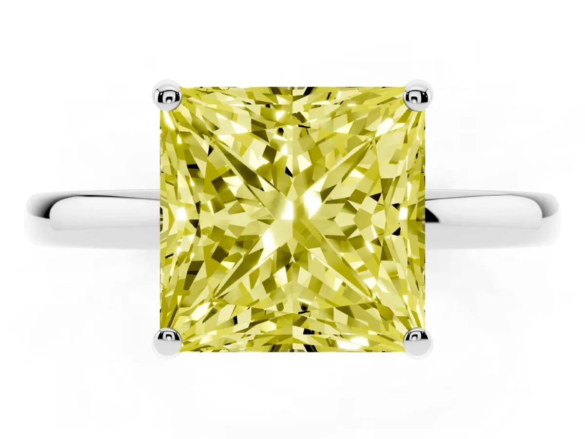 Fancy Yellow Princess Cut Solitaire Diamond Ring with Prong Setting and Plain Band Silver