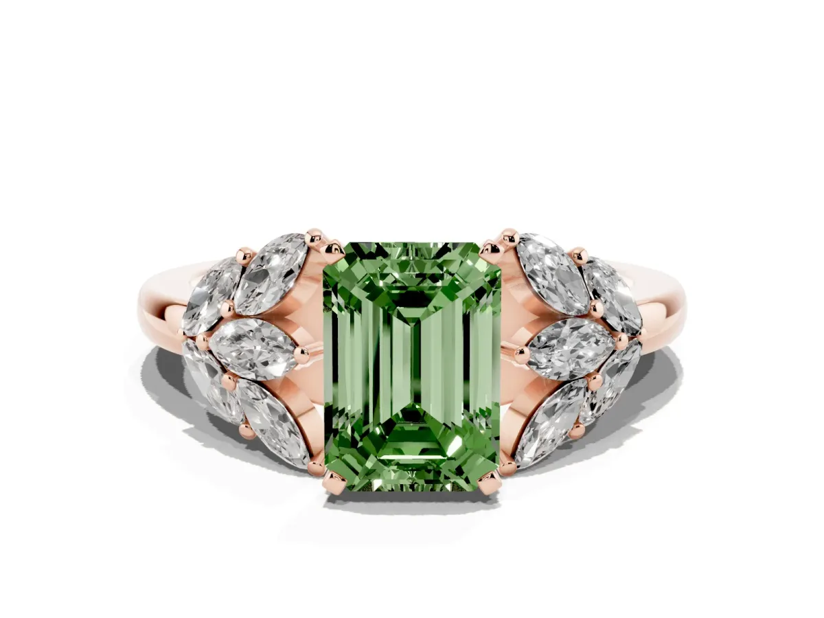 Fancy Green Emerald Cut Diamond Cluster Leaf Design Ring with Prong Setting Rose gold