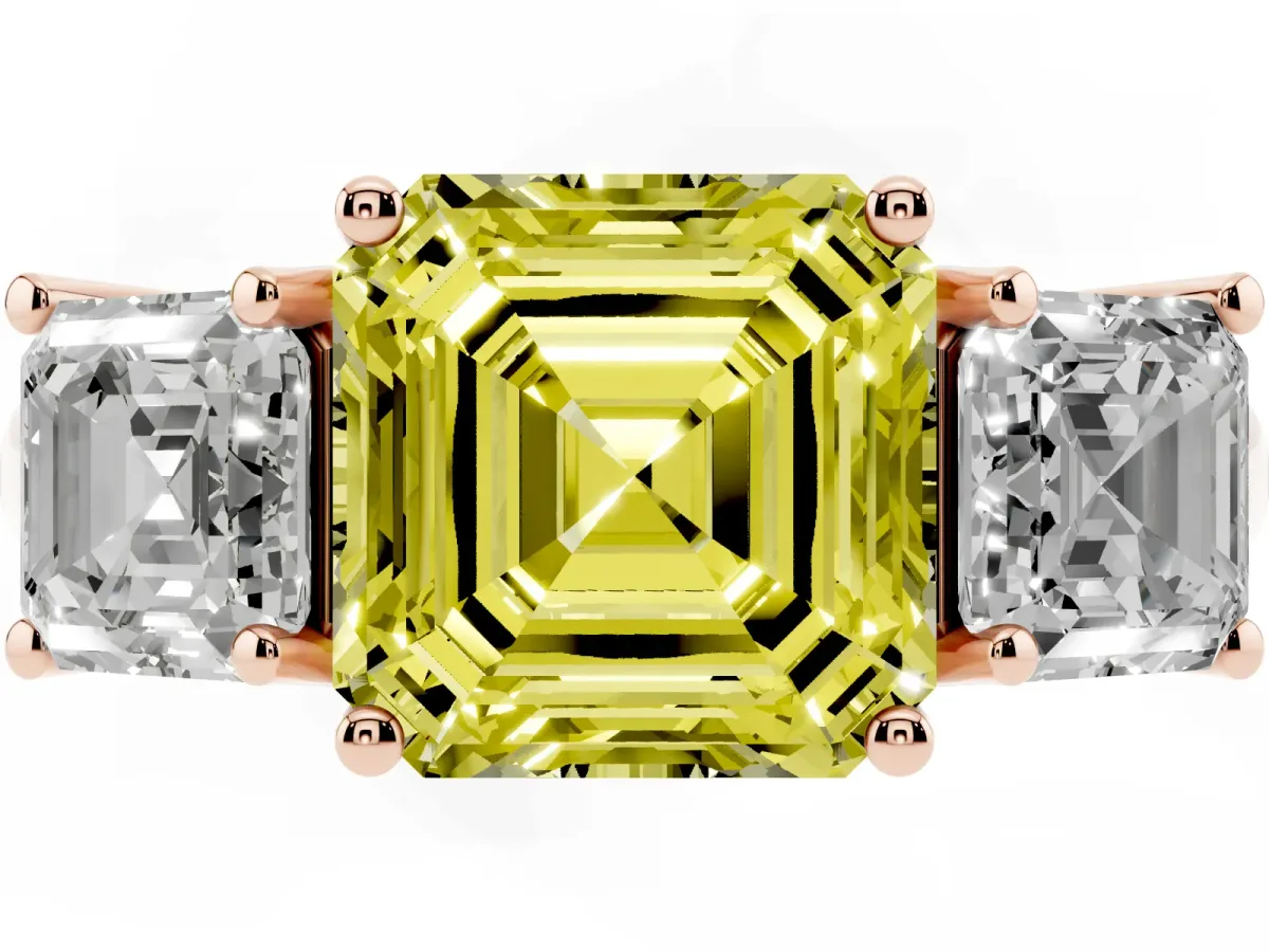 Fancy Yellow Three-Stone Asscher Cut Diamond Engagement Ring with Prong Setting Rose gold