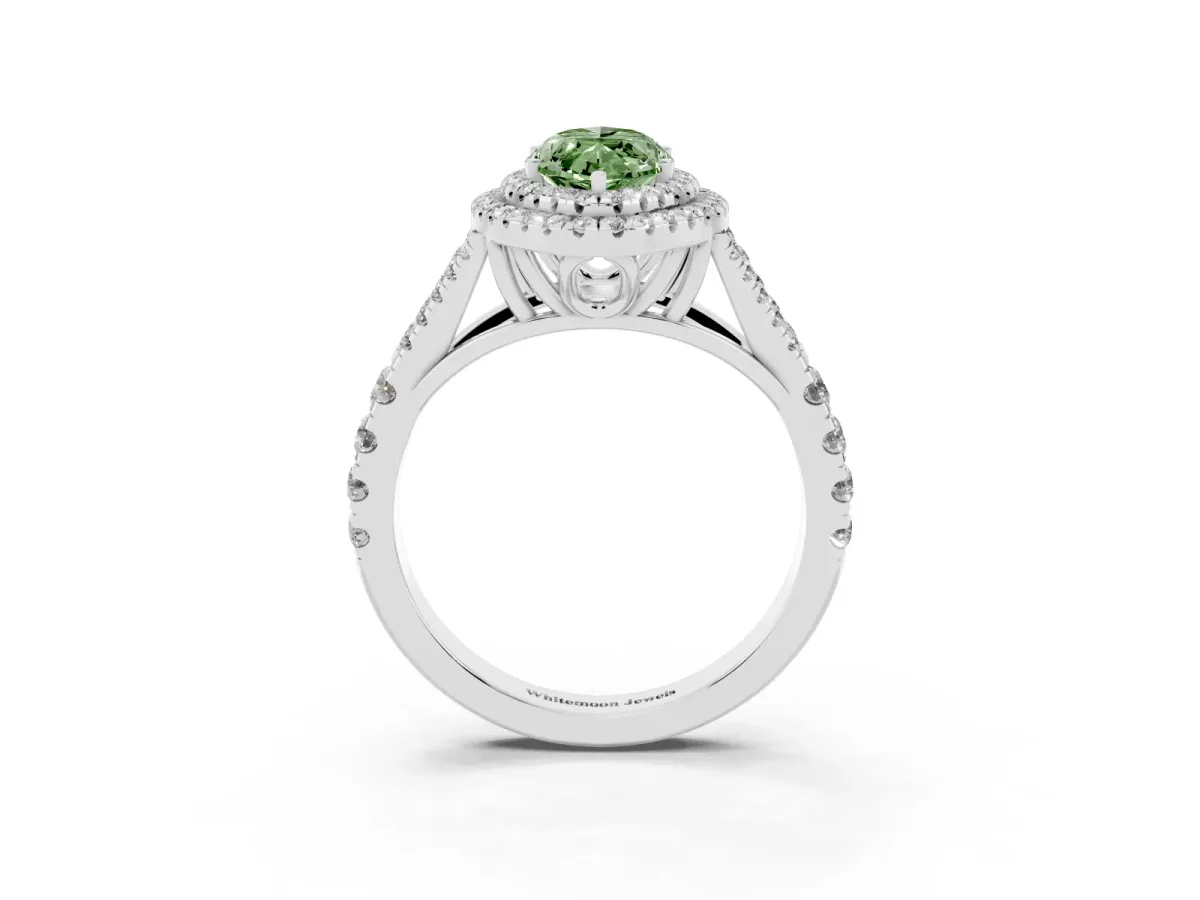 Fancy Green Marquise Cut Cut Double Halo Split Shank Diamond Ring with Prong Setting Silver
