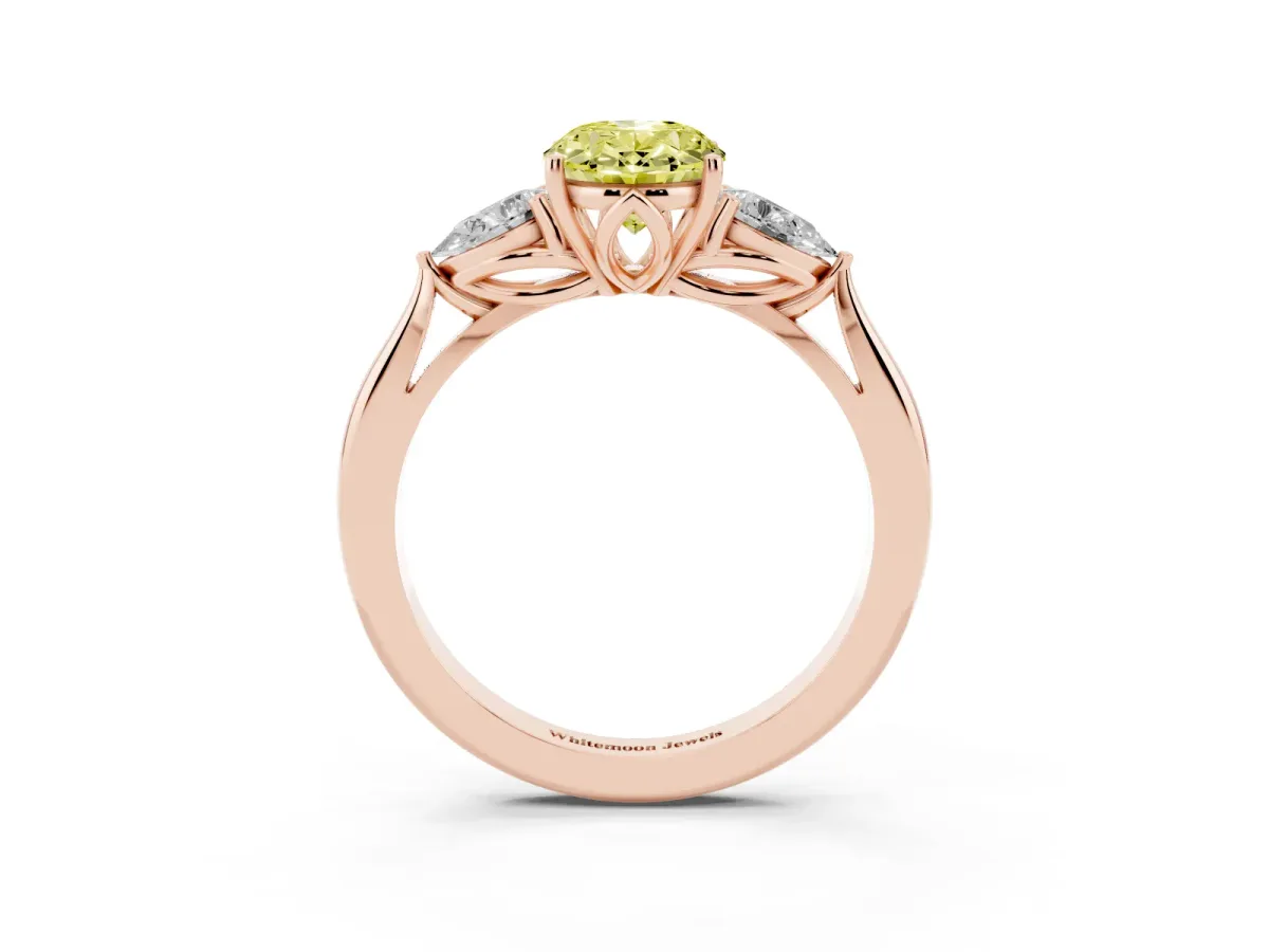Fancy Yellow Oval Cut Diamond Three-Stone Ring with Pear Side Stones and Prong Setting Rose gold