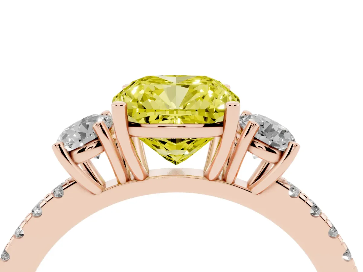 Fancy Yellow Three-Stone Cushion Cut Cut Diamond Pavé Band with Prong Setting Rose gold