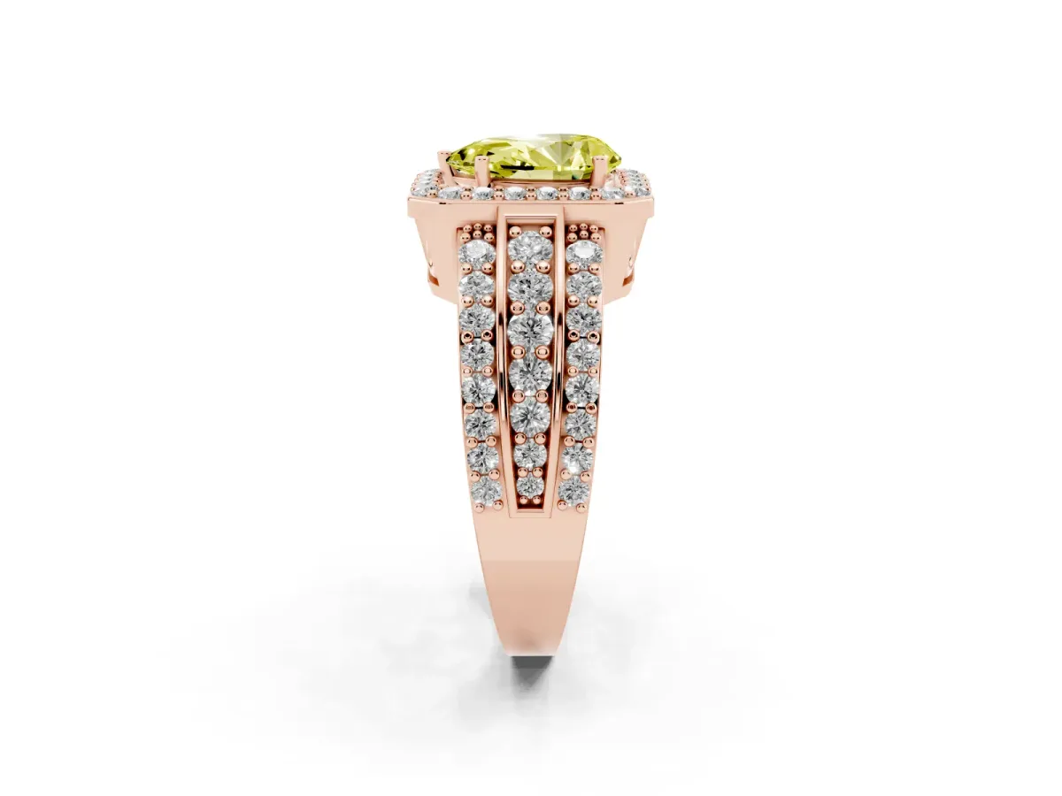 Fancy Yellow Pear Cut Halo Diamond Ring with Round Split Shank and Prong Setting Rose gold