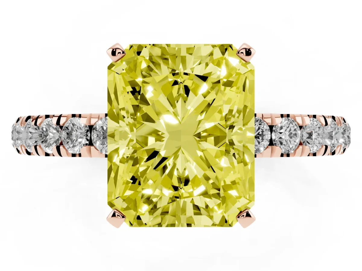 Fancy Yellow Radiant Cut Diamond Solitaire Ring with Pavé Accents and Four-Prong Setting Rose gold