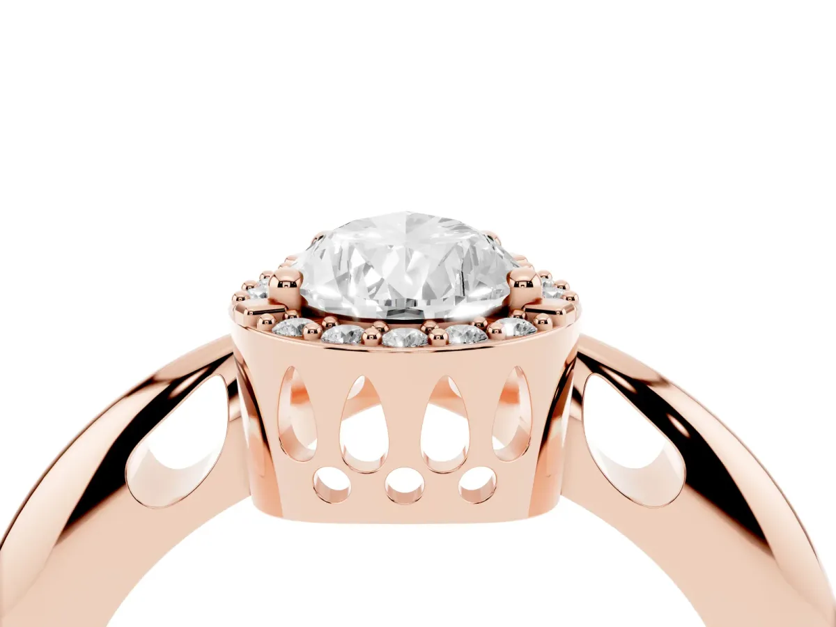 Pear Cut Cut Diamond Halo Engagement Ring with Split Shank and Four-Prong Setting Rose gold