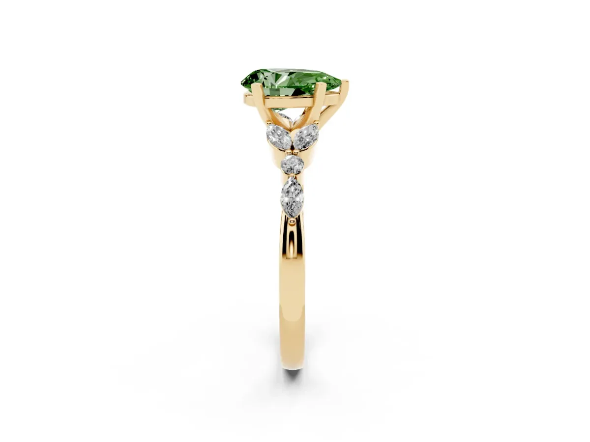 Fancy Green Pear Cut Diamond Solitaire Ring with Side Stones and Four-Prong Setting Yellow gold