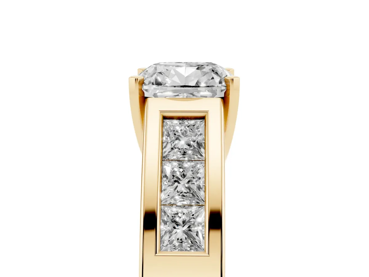 Cushion Cut Cut Channel Set Solitaire Ring with Four-Prong Setting Yellow gold