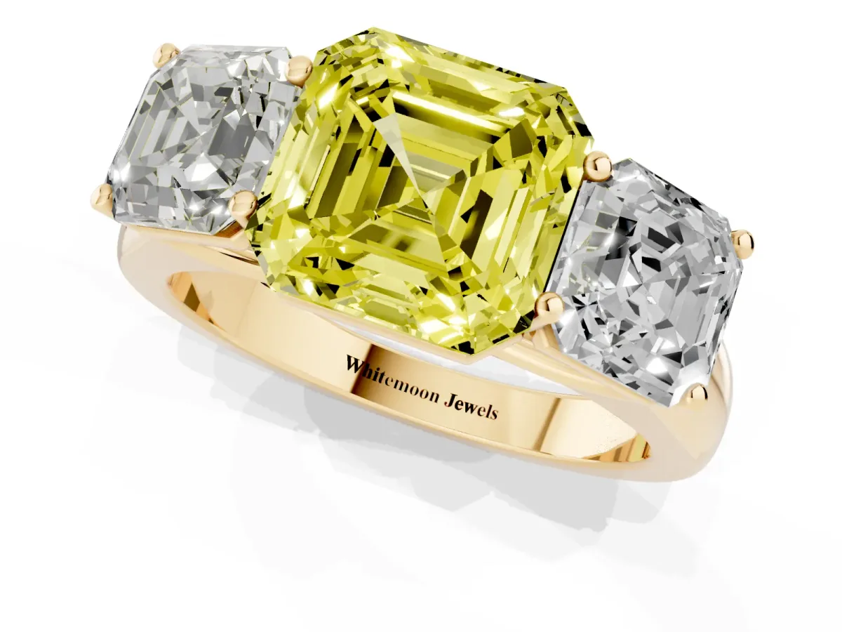 Fancy Yellow Asscher Cut Three-Stone Diamond Ring with Prong Setting on a Classic Band Yellow gold