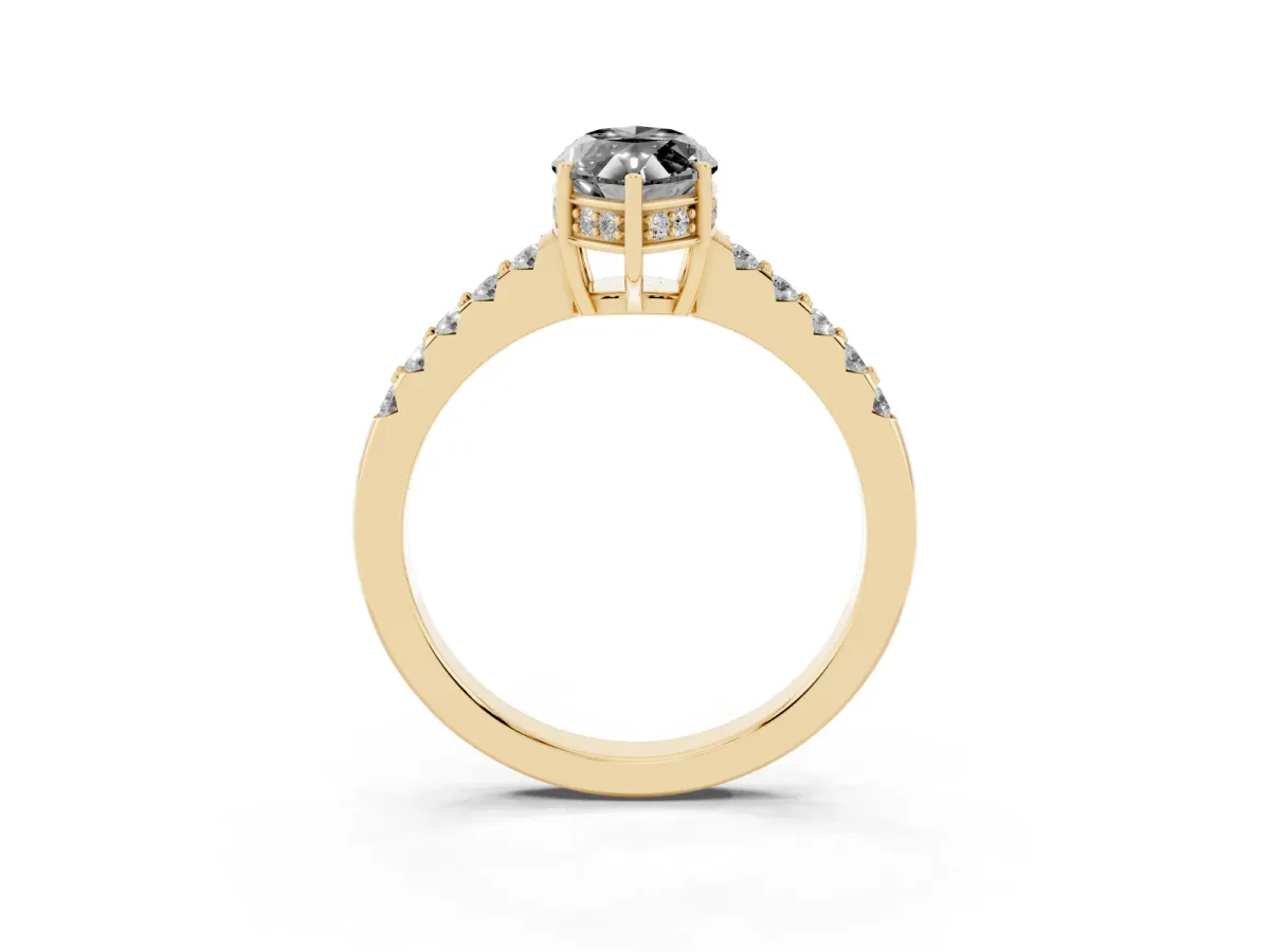Fancy Black Marquise Cut Solitaire Diamond Engagement Ring with Pavé Band and Six-Prong Setting Yellow gold