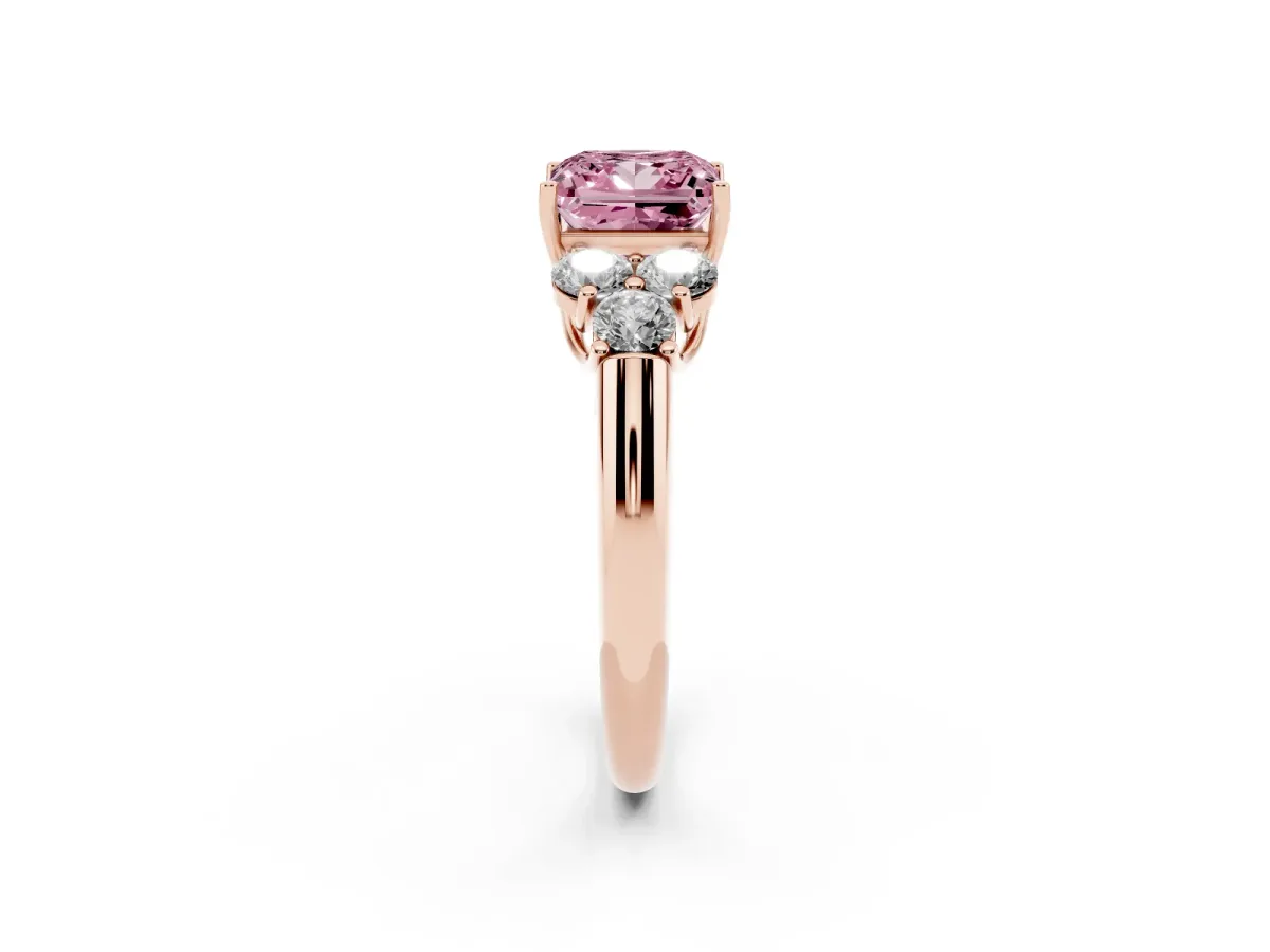 Fancy Pink Princess Cut Cut Diamond Cluster Ring with Round Accent Stones and Prong Setting on a Classic Band Rose gold