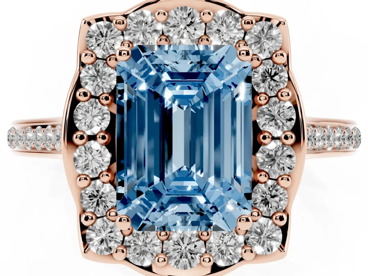 Fancy Blue Emerald Cut Halo Round Diamond Pave Band with Four-Prong Setting Rose gold