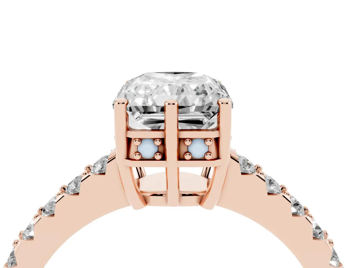 Radiant Cut Solitaire Diamond Engagement Ring with Pavé Band and Six-Prong Setting Rose gold
