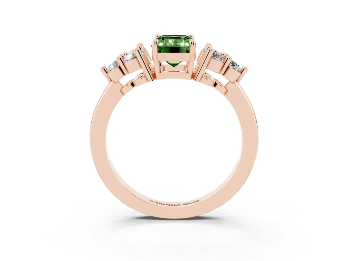 Fancy Green Emerald Cut Brilliant Diamond Cluster Accent Solitaire Ring with Prong Setting Rose gold