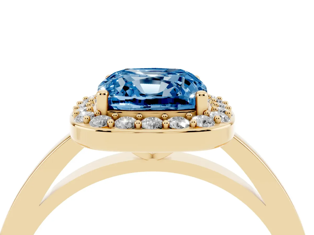 Fancy Blue Cushion Cut Halo Diamond Ring with Solitaire Band and Prong Setting Yellow gold