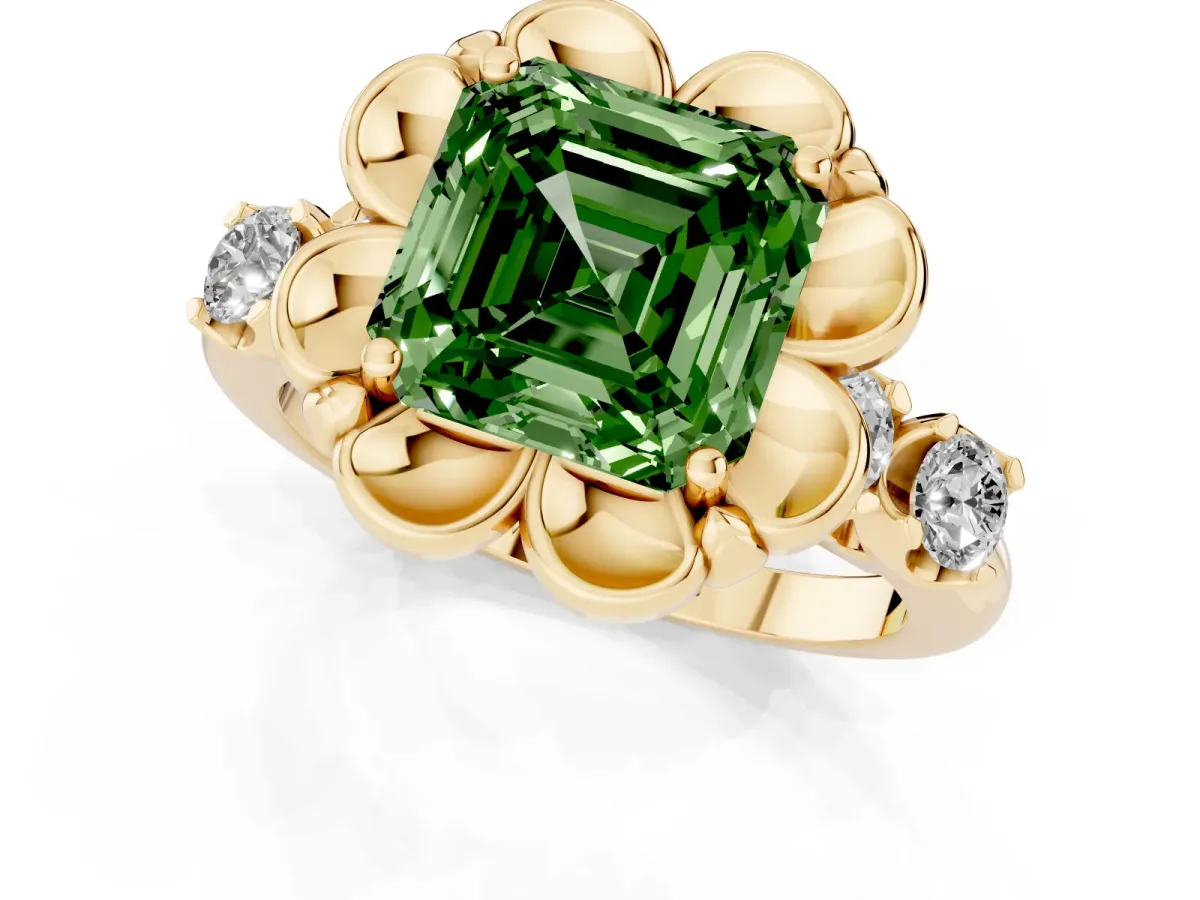 Fancy Green Asscher Cut Cut Diamond Floral Halo Engagement Ring with Shared Prong Setting Yellow gold
