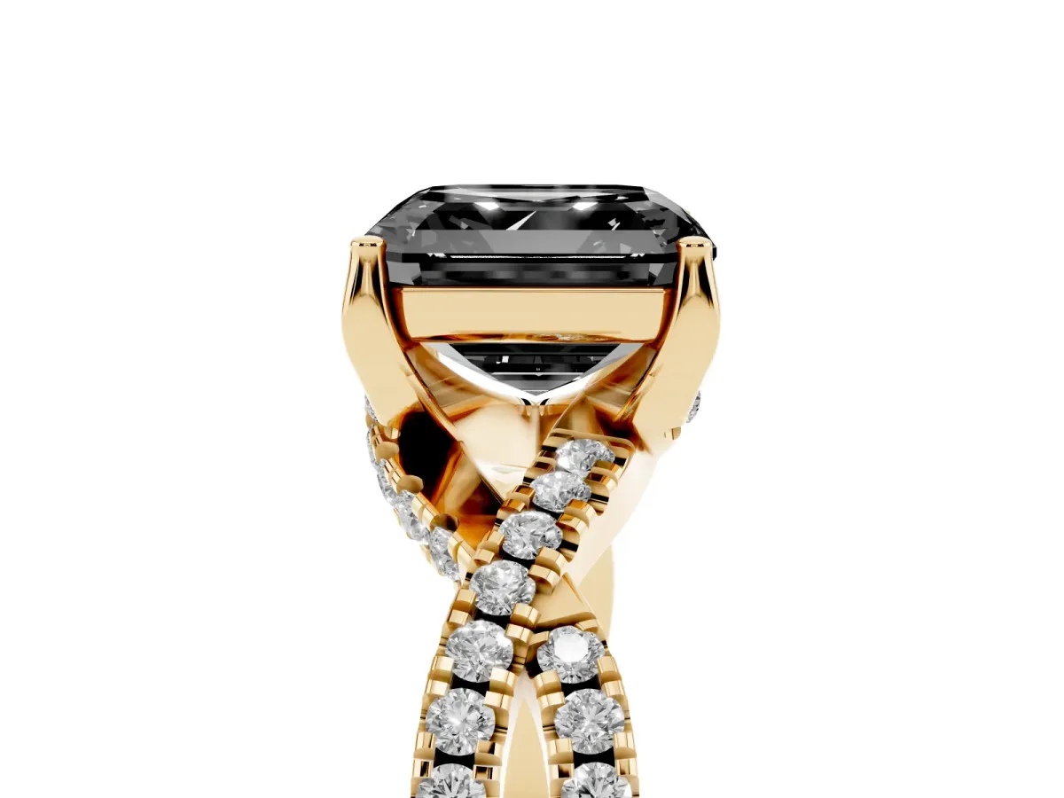 Fancy Black Asscher Cut Solitaire Twist Pave Diamond Engagement Ring with Prong Setting Yellow gold