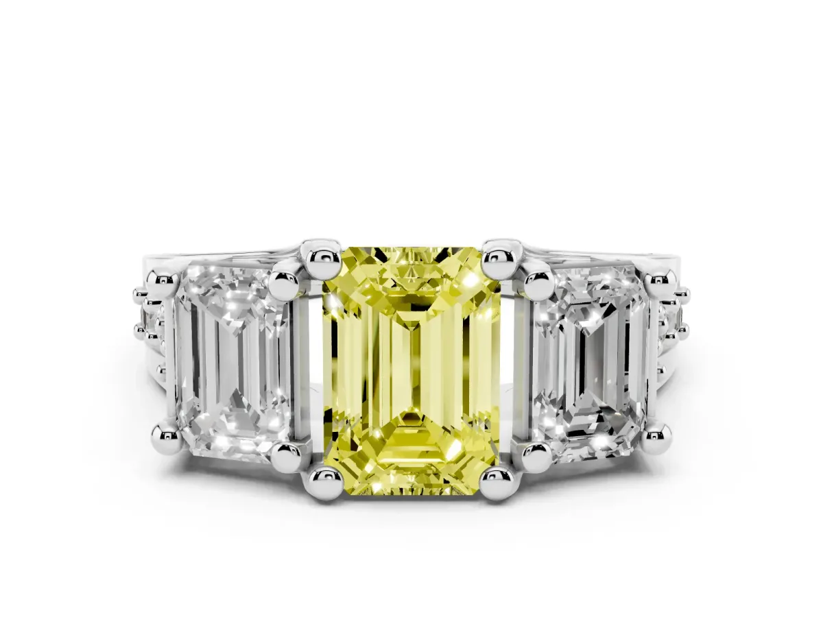 Fancy Yellow Emerald Cut Diamond Three-Stone Ring with Channel Set Band and Four-Prong Setting Platinum