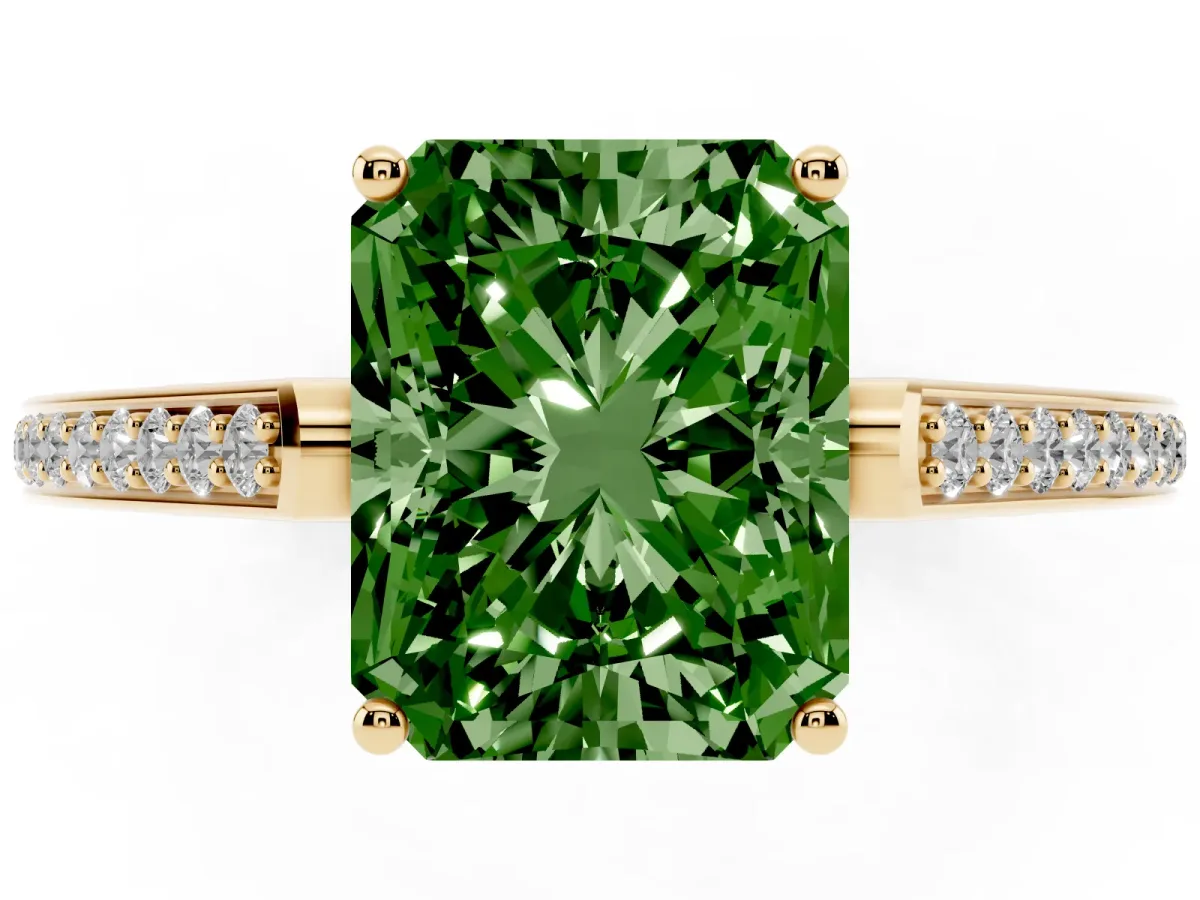 Fancy Green Radiant Cut Cut Cathedral Pave Diamond Engagement Ring with Six-Prong Setting Yellow gold