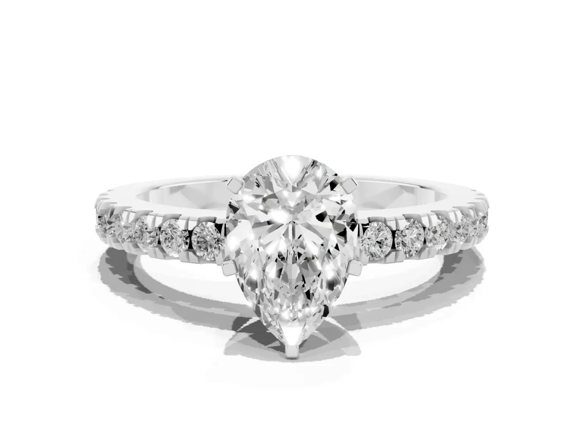 Pear Cut Solitaire Diamond with Pavé Band and Four-Prong Setting Silver