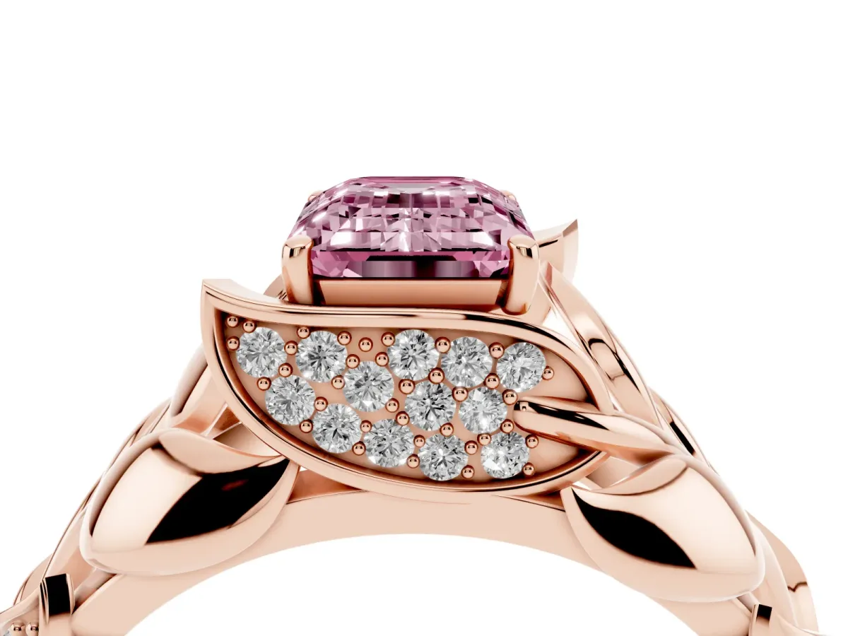 Fancy Pink Emerald Cut Diamond Leaf-Inspired Engagement Ring with Round Accents and Prong Setting Rose gold