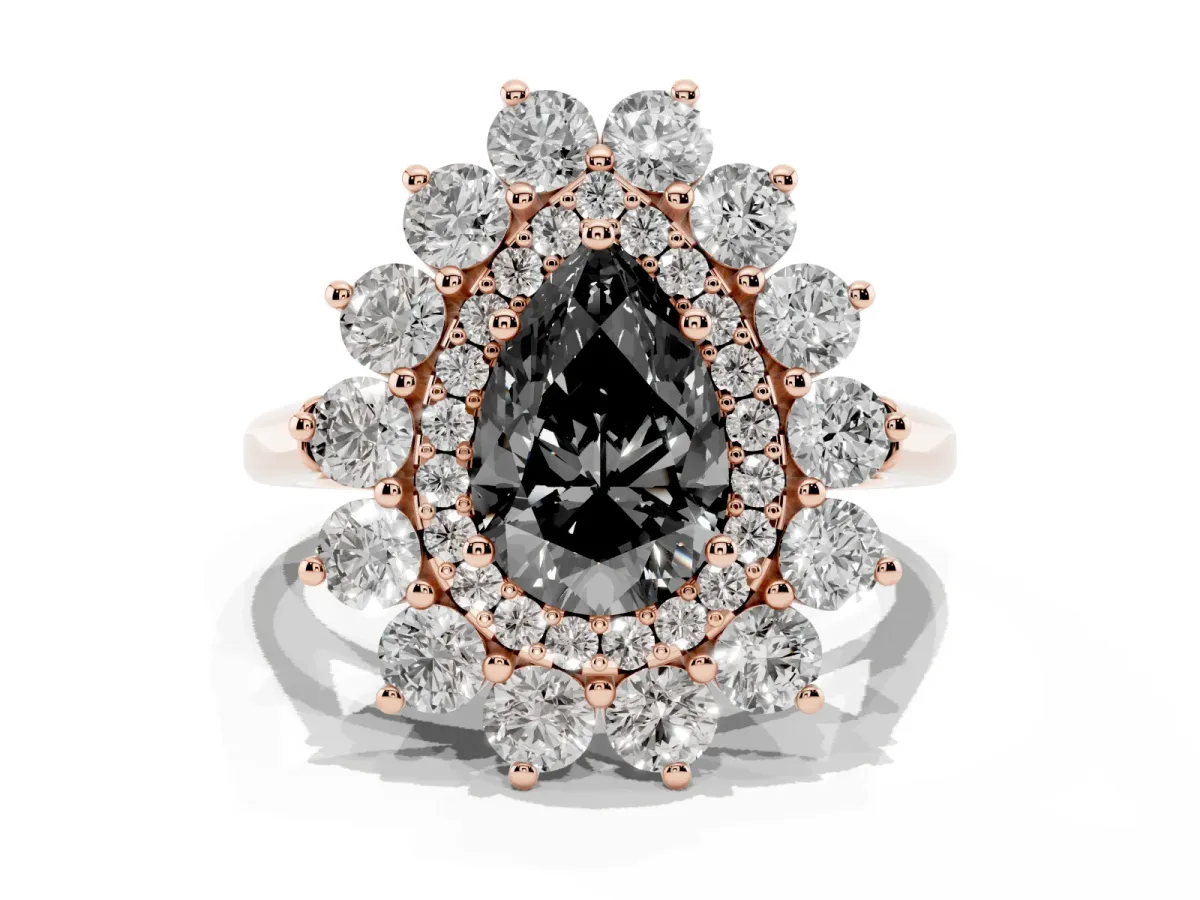 Fancy Black Pear Cut Diamond Floral Double Halo Engagement Ring with Prong Setting Rose gold