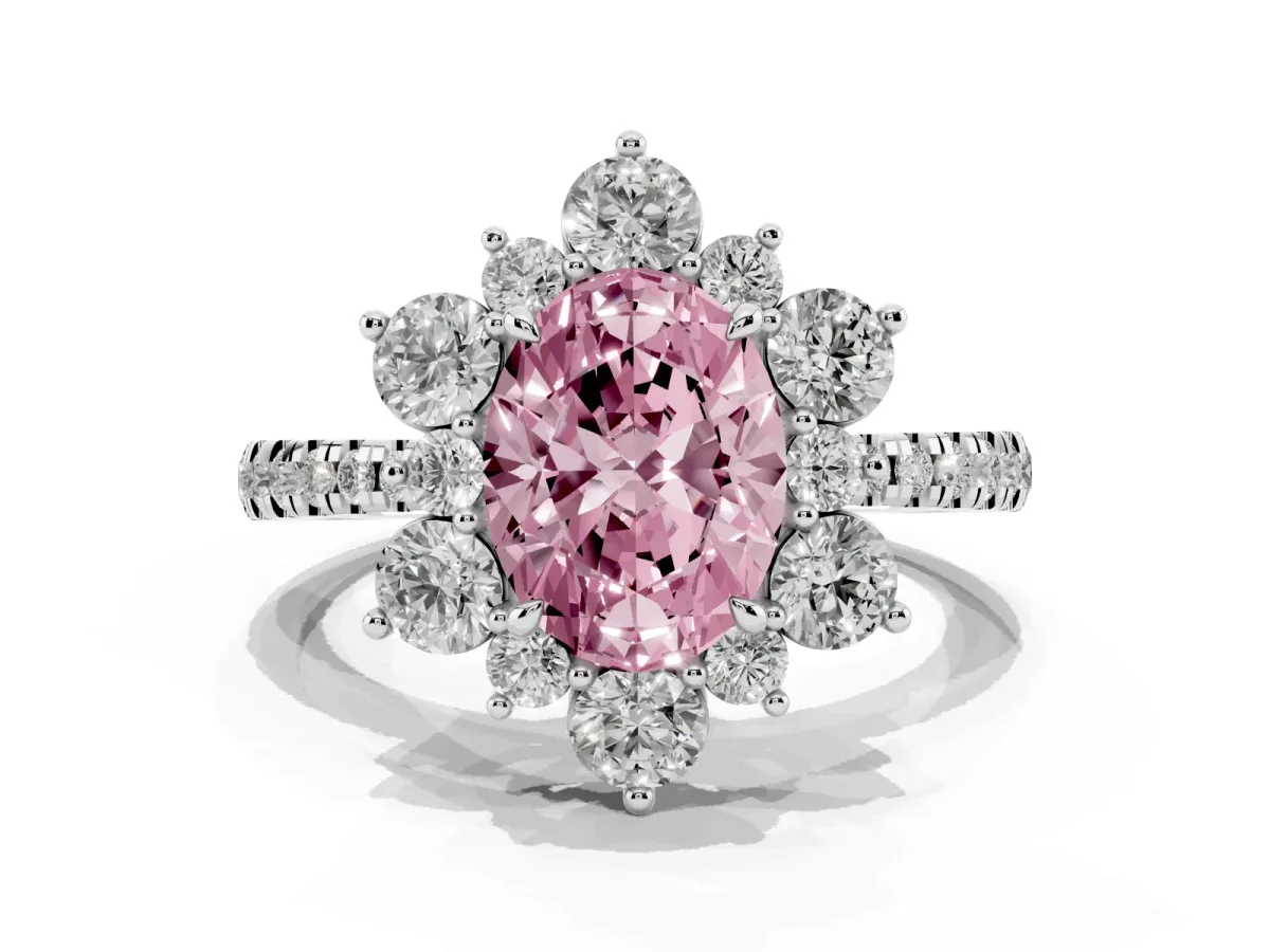Fancy Pink Oval Cut Diamond Floral Halo Ring with Round Pavé Band and Prong Setting Silver