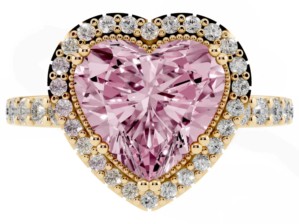 Fancy Pink Heart Cut Cut Diamond Halo Engagement Ring with Milgrain Detail and Pavé Band Yellow gold