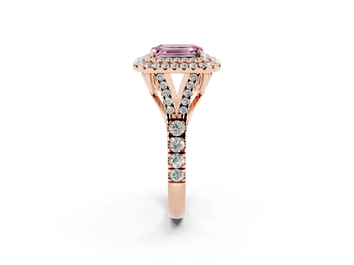 Fancy Pink Emerald Cut Diamond Pavé Split Shank Double Halo Engagement Ring Rose gold
