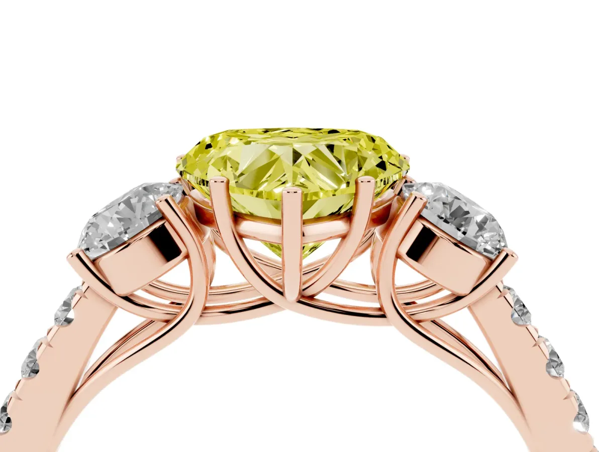 Fancy Yellow Heart Cut Cut Diamond Three-Stone Ring with Round Side Stones and Pavé Band Rose gold