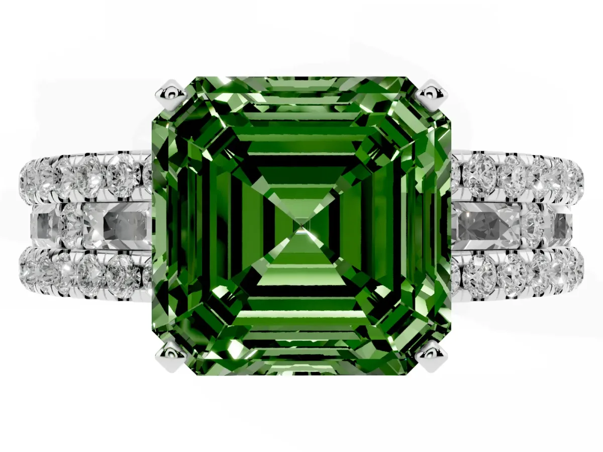 Fancy Green Asscher Cut Diamond Solitaire Ring with Pavé and Channel Set Band Silver