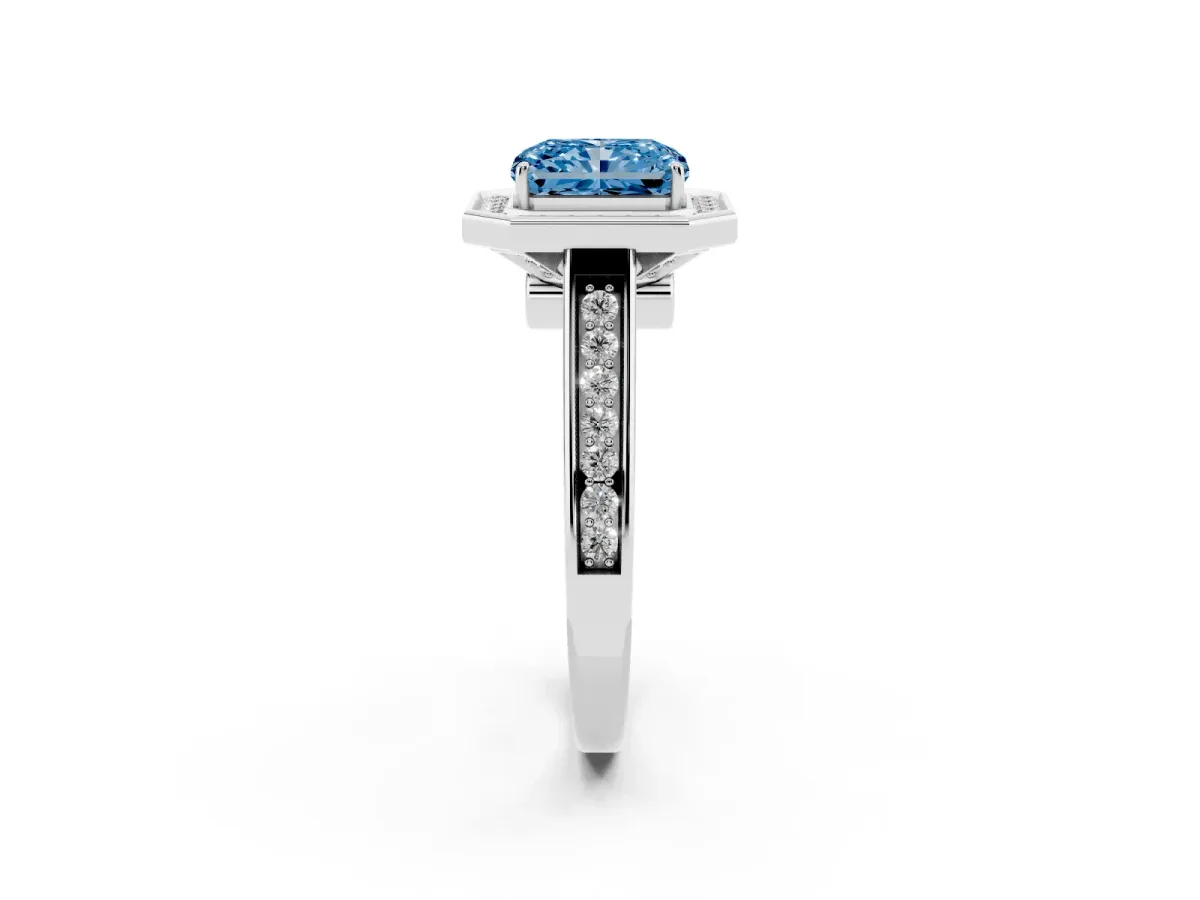 Fancy Blue Emerald Cut Halo Solitaire Diamond Ring with Pave Band and Bezel Setting Silver