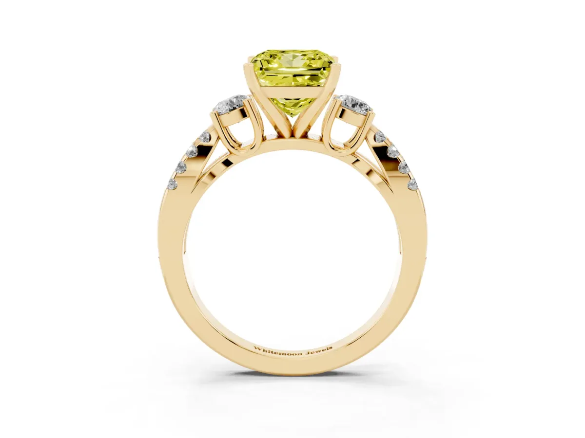 Fancy Yellow Princess Cut Diamond Three-Stone Ring with Pavé Split Shank and Four-Prong Setting Yellow gold