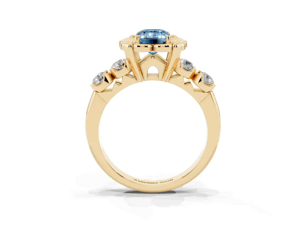 Fancy Blue Emerald Cut Cut Diamond Floral Halo Engagement Ring with Shared Prong Setting Yellow gold
