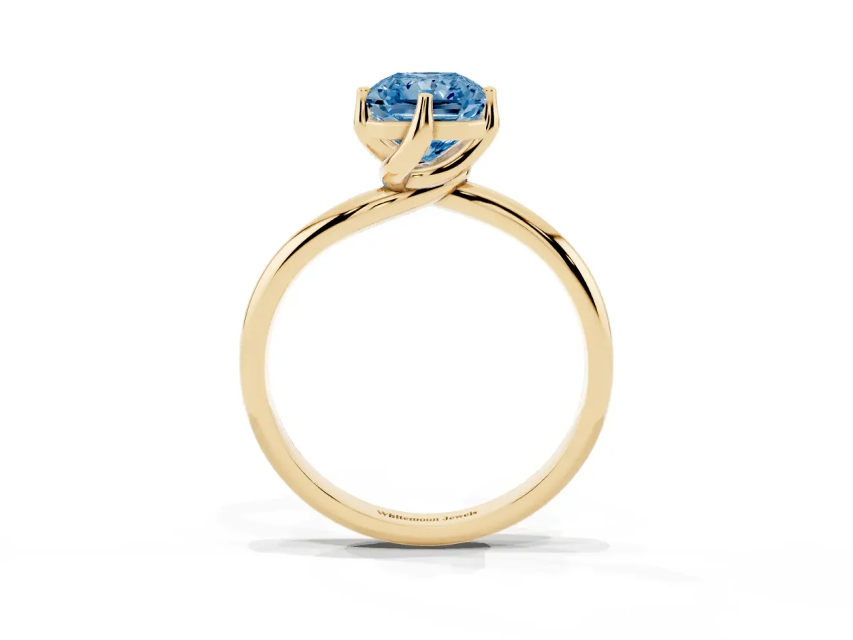 Fancy Blue Radiant Cut Diamond Solitaire Engagement Ring with Four-Prong Setting and Classic Band Yellow gold
