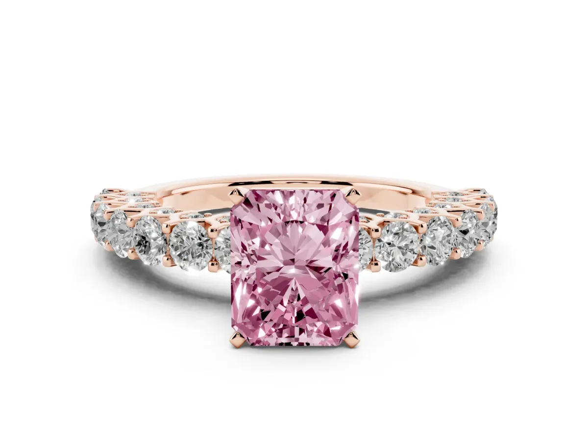 Fancy Pink Radiant Cut Diamond Solitaire Ring with Shared Prong Pavé Band and Four-Prong Setting Rose gold