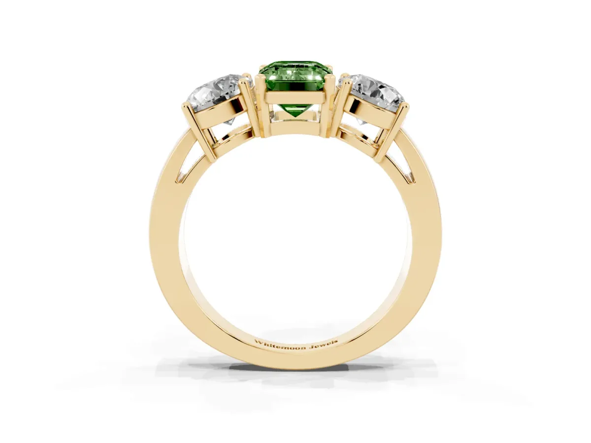 Fancy Green Three-Stone Emerald Cut Diamond Ring with Round Side Stones, Classic Band, and Four-Prong Setting Yellow gold
