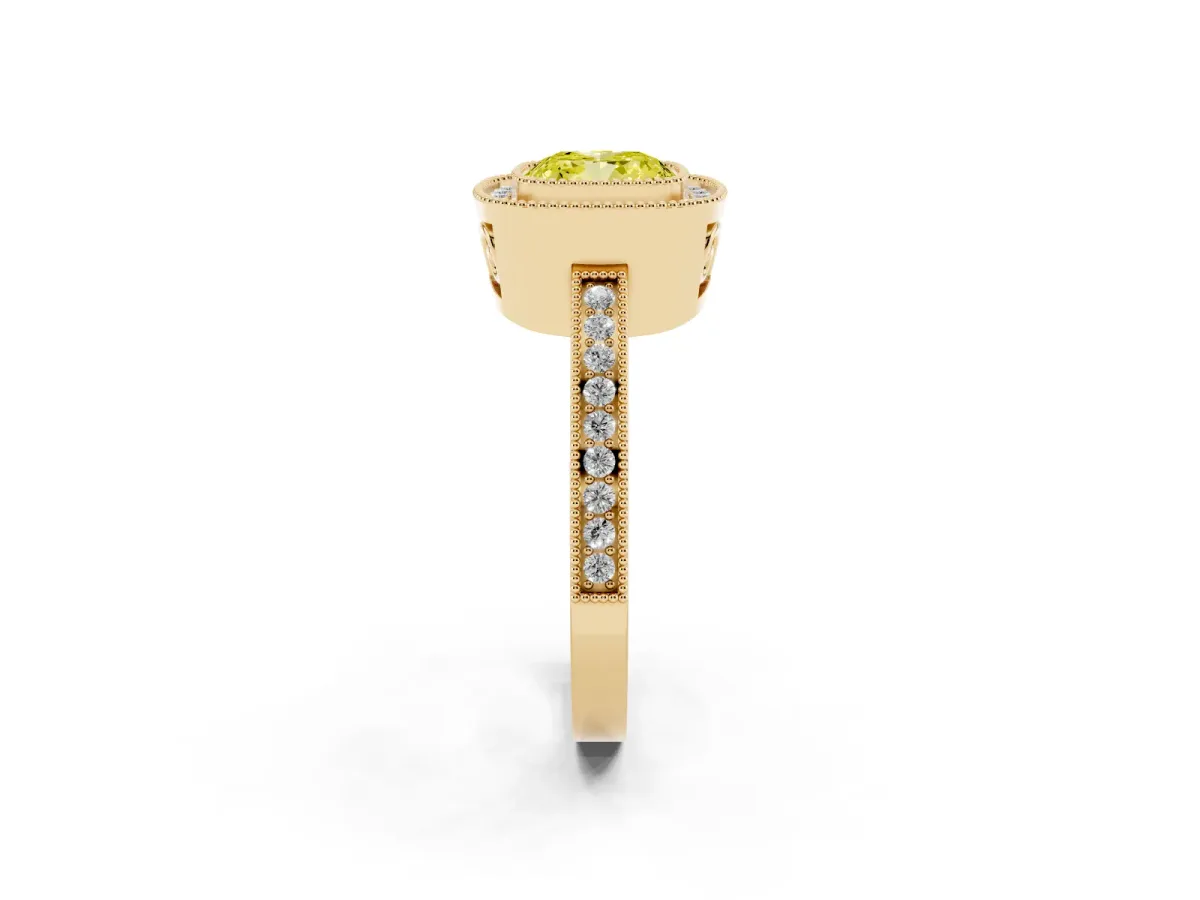 Fancy Yellow Cushion Cut Cut Halo Diamond Ring with Pavé Band and Milgrain Prong Setting Yellow gold