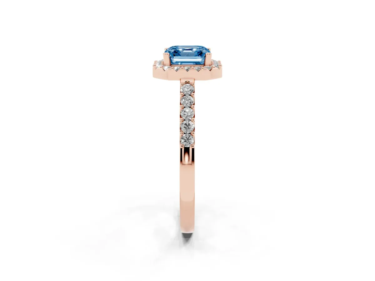 Fancy Blue Asscher Cut Halo Diamond Pavé Solitaire Ring Rose gold