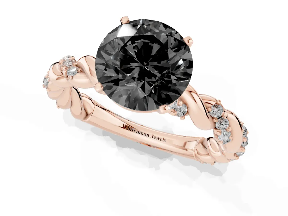 Fancy Black Round Cut Diamond Solitaire Ring with Twisted Band and Pavé Accents Rose gold