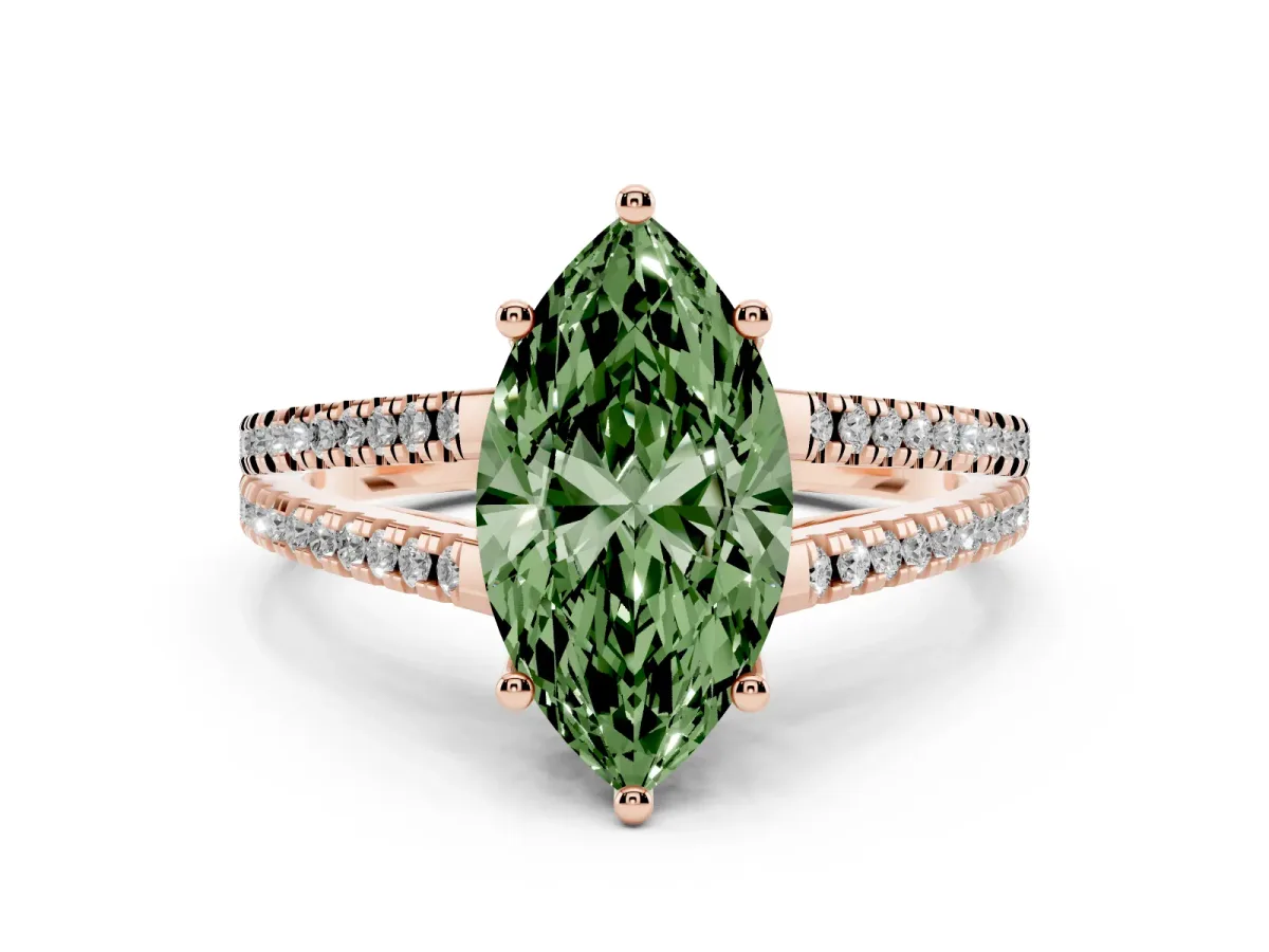 Fancy Green Marquise Cut Diamond Solitaire Engagement Ring with Split Shank Pavé Band Rose gold