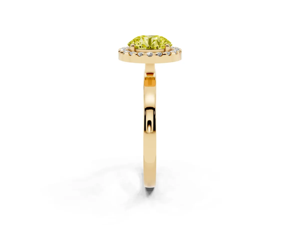 Fancy Yellow Round Cut Halo Diamond Solitaire with Pavé Band and Four-Prong Setting Yellow gold